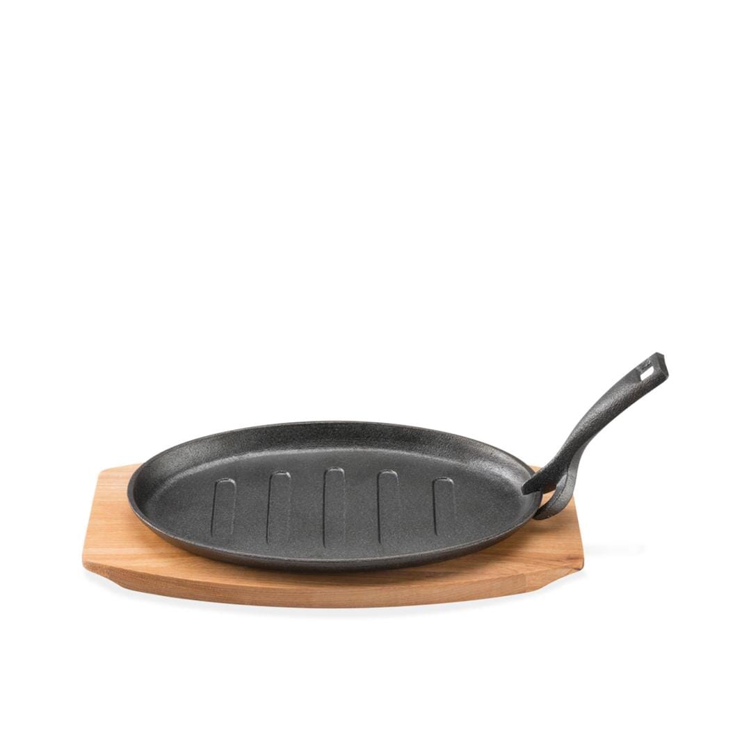 Pyrocast 27cm X 18cm Oval Sizzle Plate With Maple Tray Griddles - Sizzlers & Poachers The Cooks Kitchen