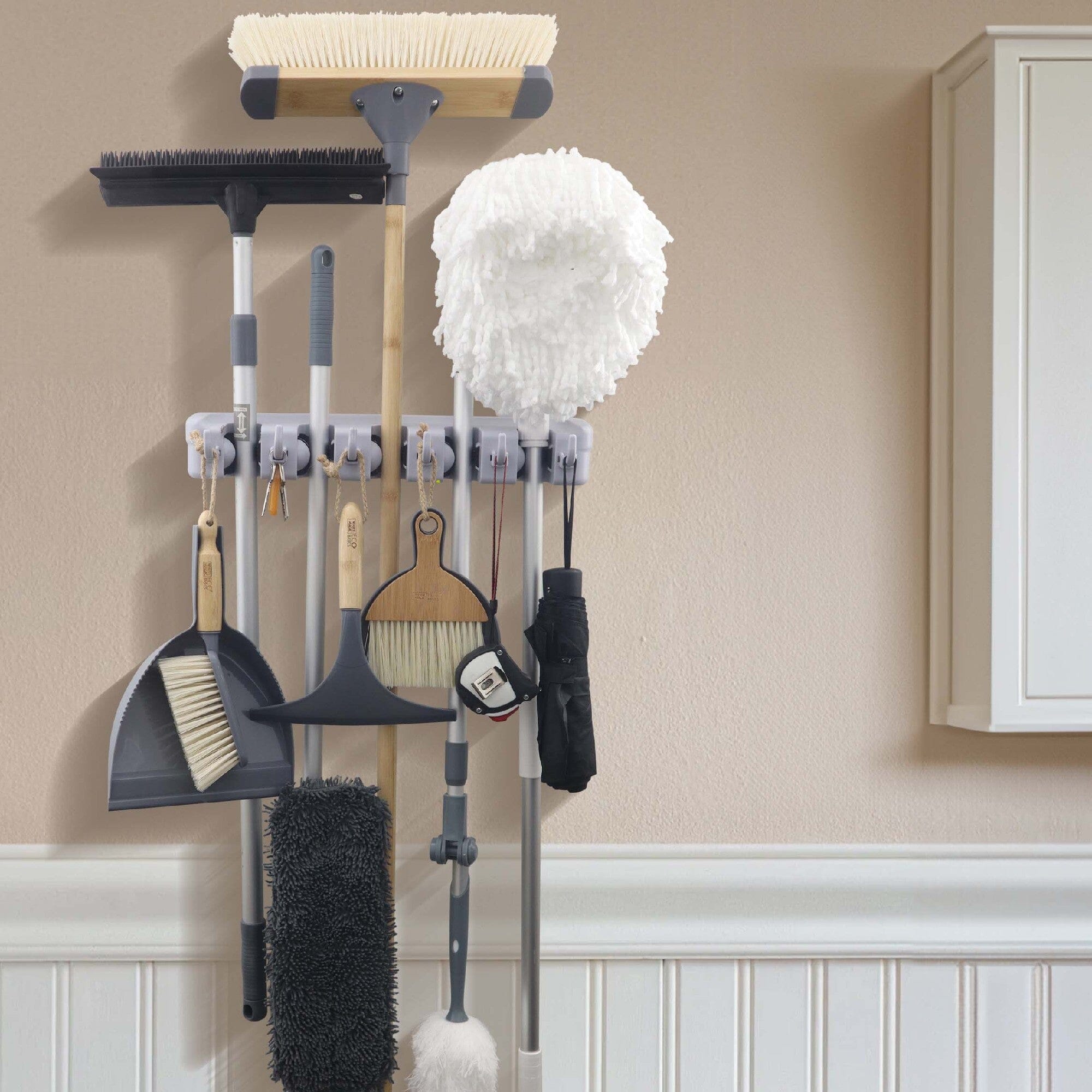 White Magic Broom Holder - Large Kitchen Cupboard Storage The Cooks Kitchen