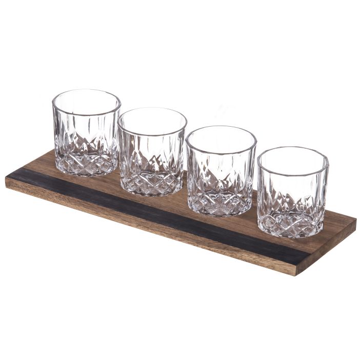 Davis & Waddell Fine Foods Whisky Flight 5pc Set Clear & Natural, Tumbler 240ml, Tray 37x13x1cm