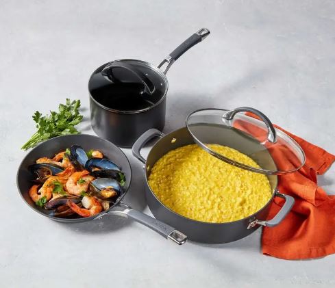 Anolon Endurance+ 3pc Set - !8cm Saucepan, 28cm Covered Sautese, 24cm Skillet