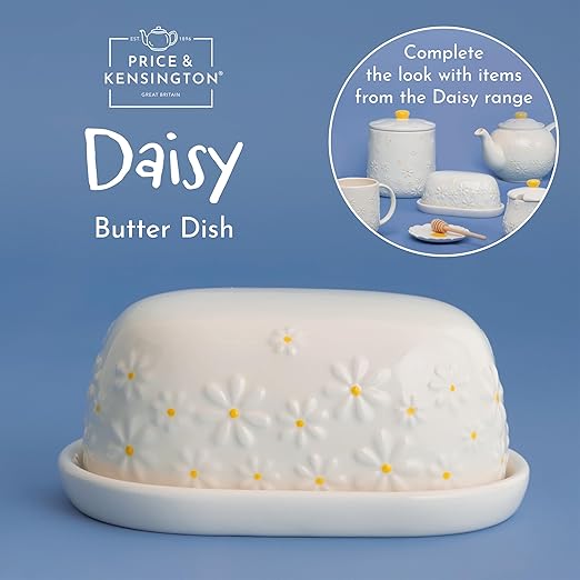 Price & Kensington Daisy Butter Dish Ceramic Hand Painted Flower Embossed White