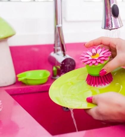 Vigar Flower Palm Held Dish Brush W/ Holder Cleaning Equipment The Cooks Kitchen 