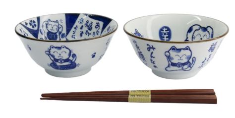 Tokyo Design Studio Kawaii Neko Bowl Set Of 3 With Chopsticks  - White Cat