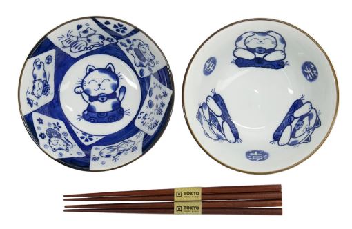 Tokyo Design Studio Kawaii Neko Bowl Set Of 3 With Chopsticks  - White Cat