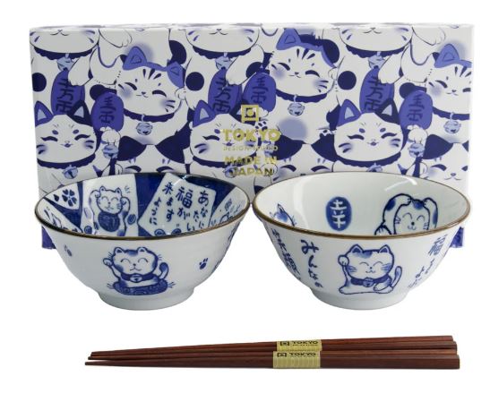 Tokyo Design Studio Kawaii Neko Bowl Set Of 3 With Chopsticks  - White Cat