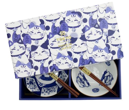 Tokyo Design Studio Kawaii Neko Bowl Set Of 3 With Chopsticks  - White Cat