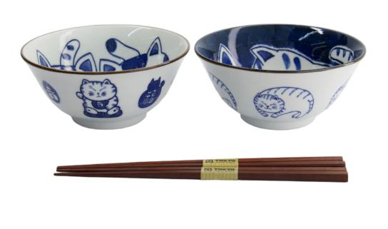 Tokyo Design Studio Kawaii Neko Bowl 2pc With Chopsticks - Twin Cat