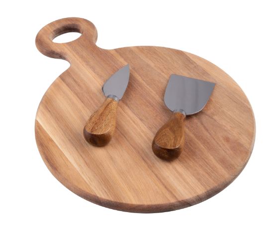 Alfresco Lane 3pc Round Acacia Wood Cheese Paddle With Knives