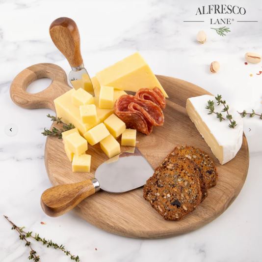 Alfresco Lane 3pc Round Acacia Wood Cheese Paddle With Knives