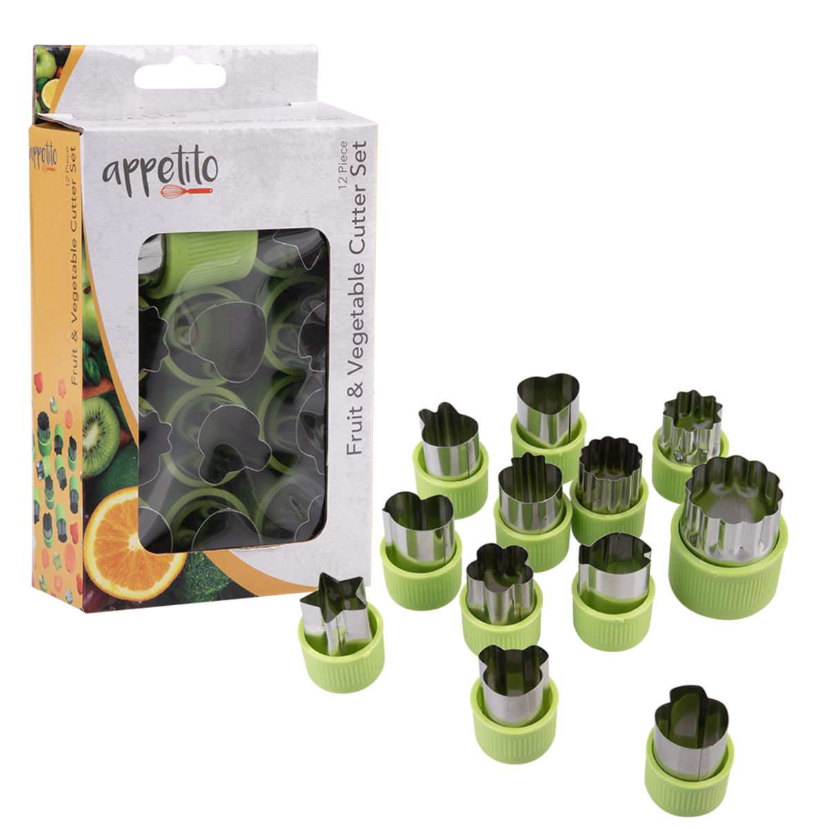 Appetito Fruit & Vegetable Cutters 12 Assorted Shapes - Green Gadgets The Cooks Kitchen 