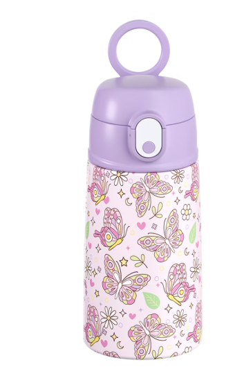 Oasis Stainless Steel Double Wall Insulated Drink Bottle With Sipper Straw 400ml Butterfly Bliss