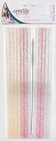 Reusable Sparkle Party Straws 25cm Pk Of 12 With Brush