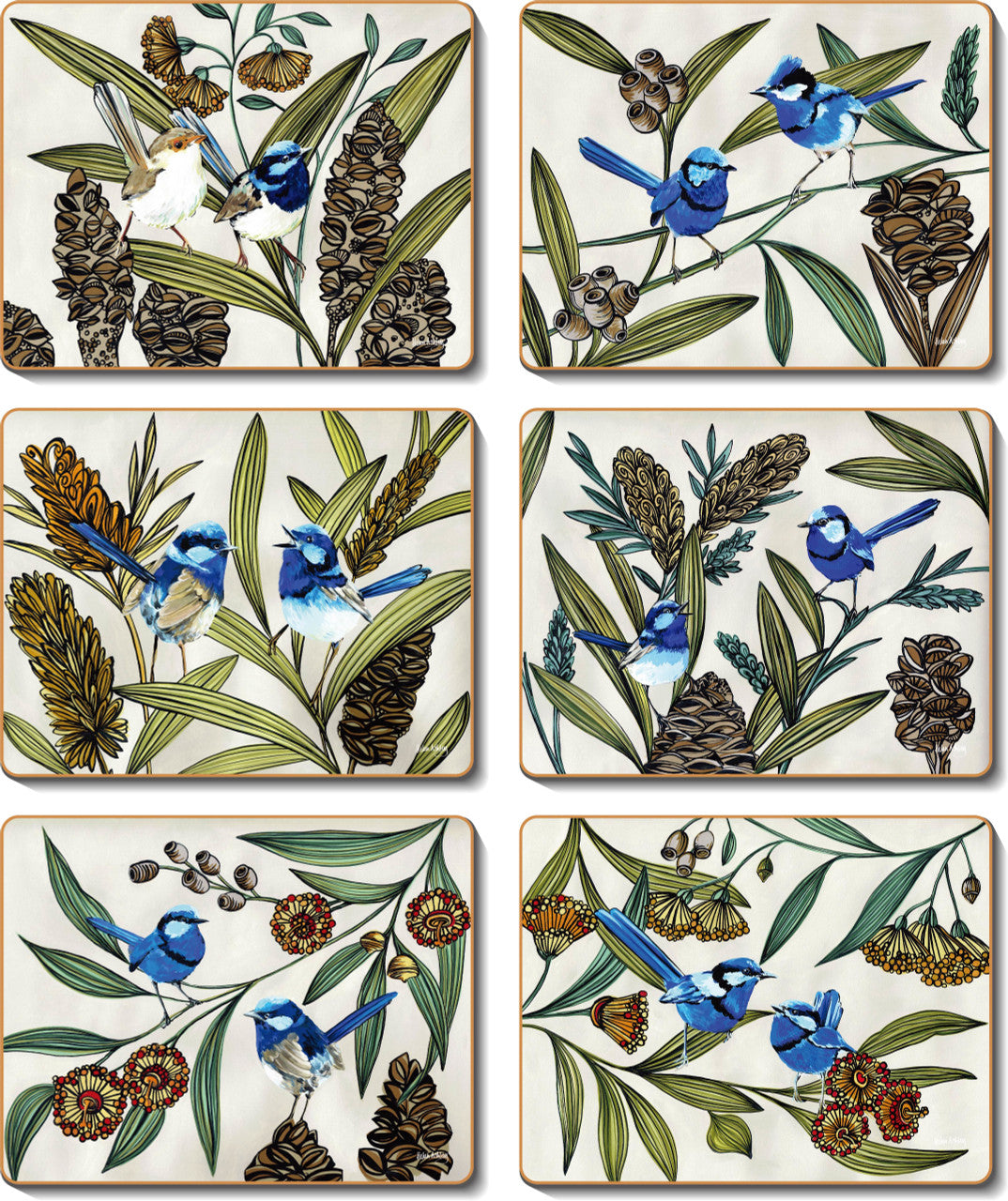 Cinnamon Blue Wren Coasters - Set Of 6