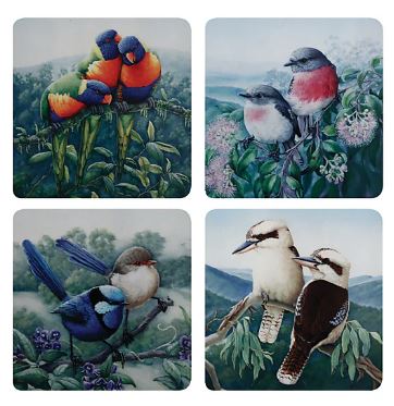 Maxwell & Williams  - Birds Of Australia Katherine Castle 10 Year Anniversary - Corkback Coasters 10.5cm - Set Of 4 Assorted