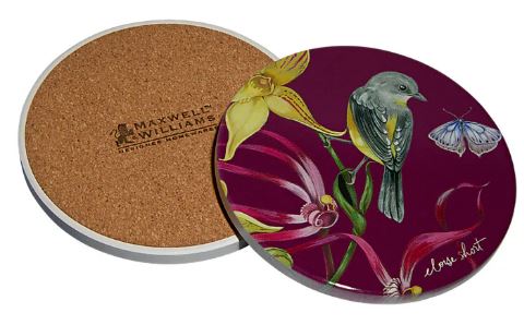 Maxwell & Williams Eloise Short Lyric Ceramic Round Coaster Yellow Robin (spinebill Honeyeater)