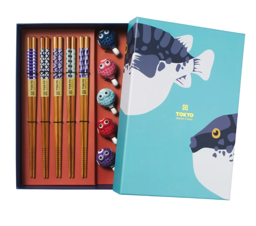 Tokyo Design Studio Blow Fish Chopsticks 10pc With Rest Gift Boxed