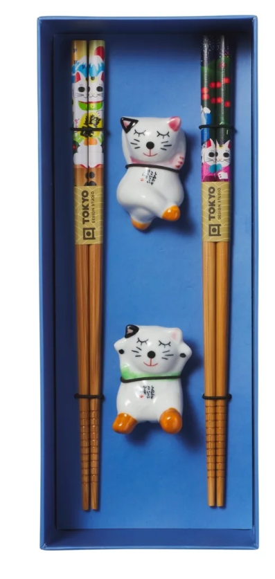 Tokyo Design Studio Lucky Cat Hanami Chopsticks 4pc With Rest Gift Boxed