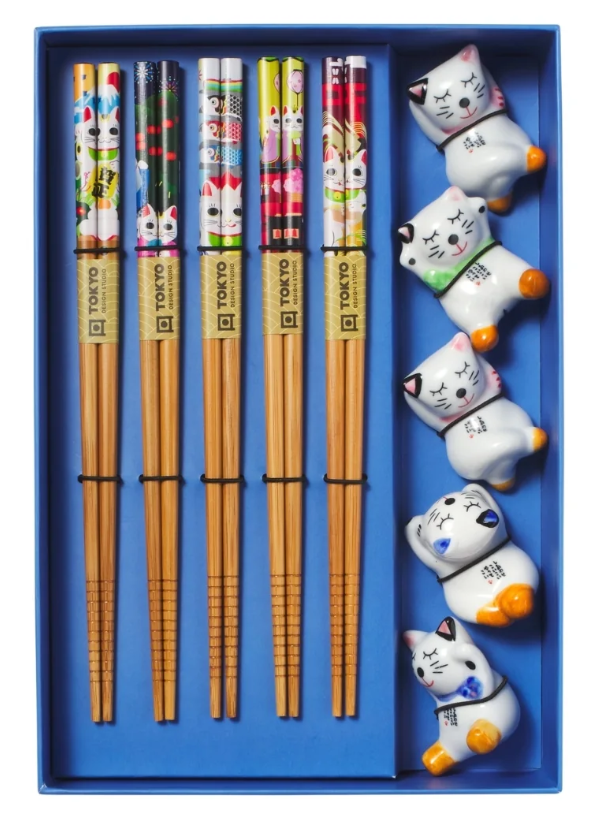 Tokyo Design Studio Lucky Cat Hanami Chopsticks 10pc With Rest Gift Boxed