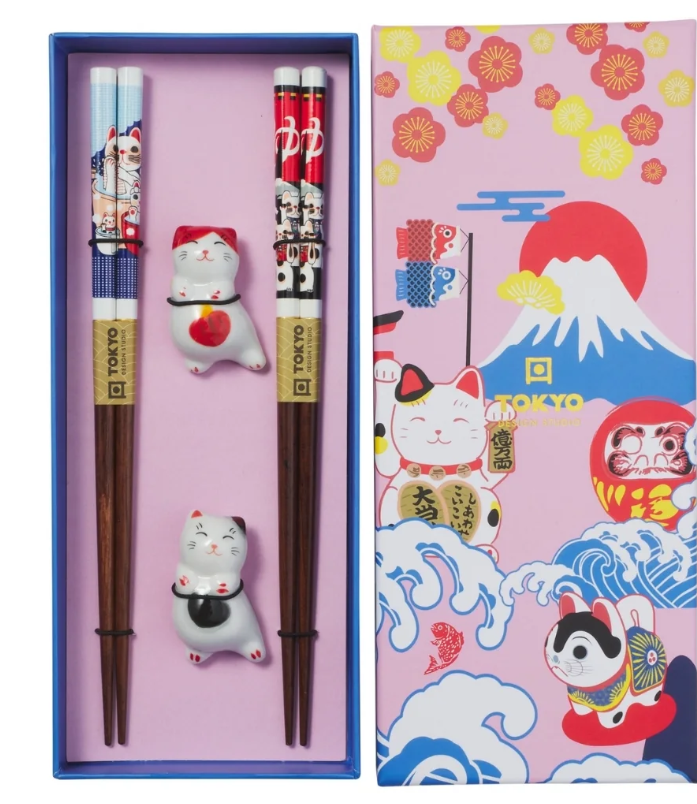 Tokyo Design Studio Neko Cat Chopsticks 4pc With Rest Gift Boxed