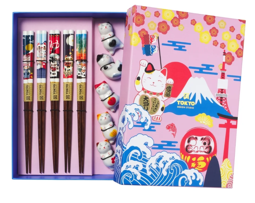 Tokyo Design Studio Neko Cat Chopsticks 10pc With Rest Gift Boxed