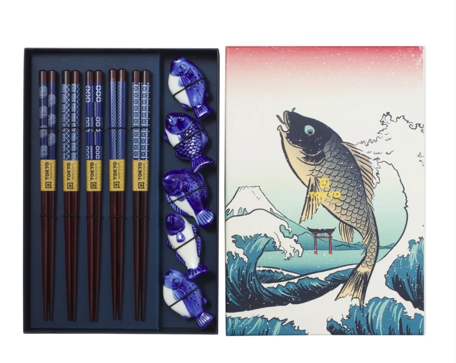 Tokyo Design Studio Blue Fish Chopstick Set 10pc Includes Rests