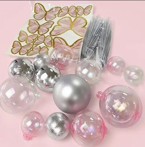 Cake Craft 27pc Set - Clear, Pink & Silver - Deco Balls, Fans & Butterflies Cake Toppers The Cooks Kitchen 