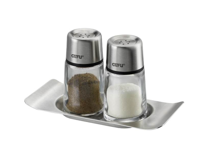 Gefu Brunch Salt & Pepper Shaker Set With Stainless Steel Tray, Silver