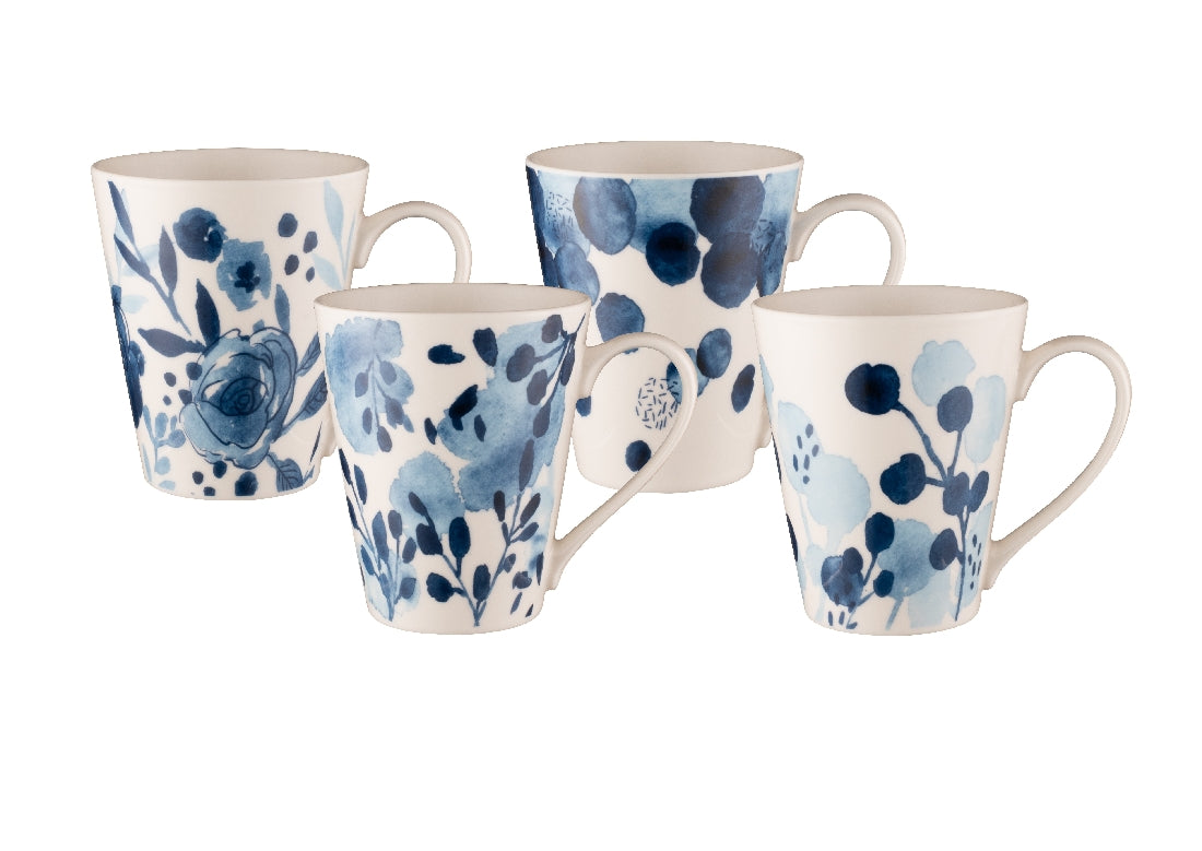 Bundanoon Sapphire Blooms Set Of 4 Conical Mugs - 400ml